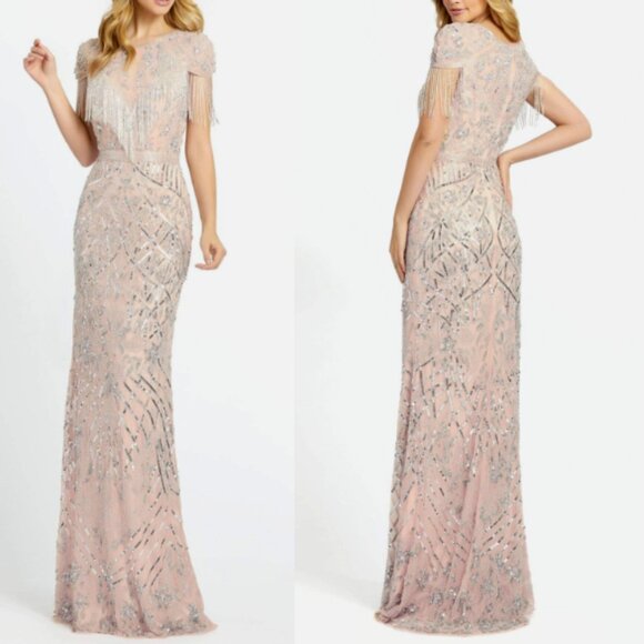 MAC DUGGAL 4715 EMBELLISHED FRINGE CAP SLEEVE TRUMPET PLATINUM GOWN sz 16 - Picture 1 of 3